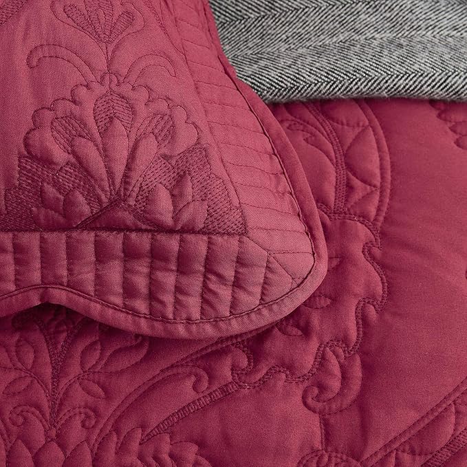CHIXIN Bedspread Coverlet Set Queen Size - Lightweight Bedding Cover - Beautiful Stitching - 5 Piece Reversible Bedspread - Gorgeous Damask Paisley Pattern (Queen, Wine Red)