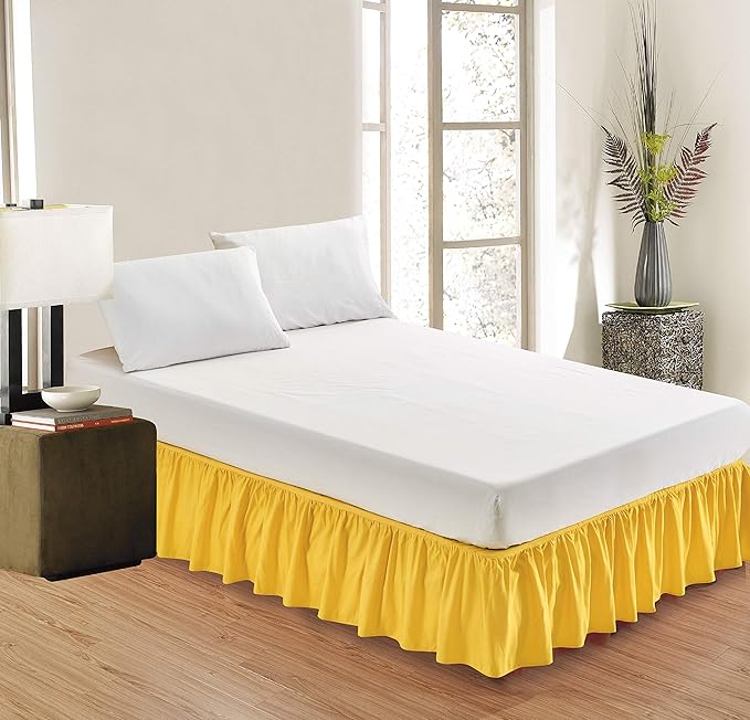 Bed Skirt - Wrap Around Bed Skirts Elastic Dust Ruffles, Easy Fit Wrinkle and Fade Resistant Luxurious Fabric Solid Color, Yellow Full XL Size Beds 15 Inch Drop