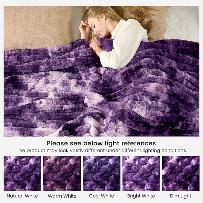 Cozy Bliss Faux Fur Throw Blanket for Couch, Cozy Warm Plush Striped Blanket for Sofa Bedroom Living Room, 60 * 80 Inches Tie-dye Purple