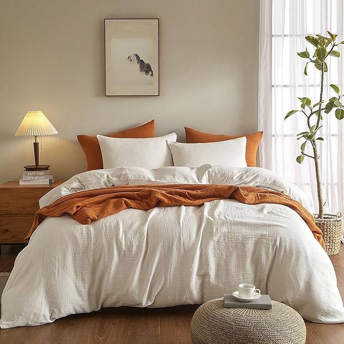 SE SOFTEXLY Muslin Duvet Cover Oversized King Size, 100% Washed Cotton Duvet Cover Set, Ultra Soft Comforter Cover Linen Like, 3 Pieces Gauze Duvet Cover with 2 Pillowcases, 98"x120", White