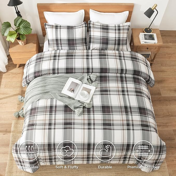 Andency Gray Brown Black Plaid Comforter Set Full(79x90Inch), 3 Pieces Grid Gingham Stripes Bedding Comforter Sets for Boys Girls Kids Teens, Preppy Geometric Line Soft Lightweight Reversible Bed Set