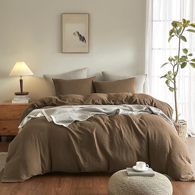 SE SOFTEXLY Muslin Duvet Cover California King Size, 100% Washed Cotton Duvet Cover Set, Soft Comforter Cover Linen Like, 3 Pieces Minimalist Gauze Duvet Cover with 2 Pillowcases, 98"x104", Dark Brown