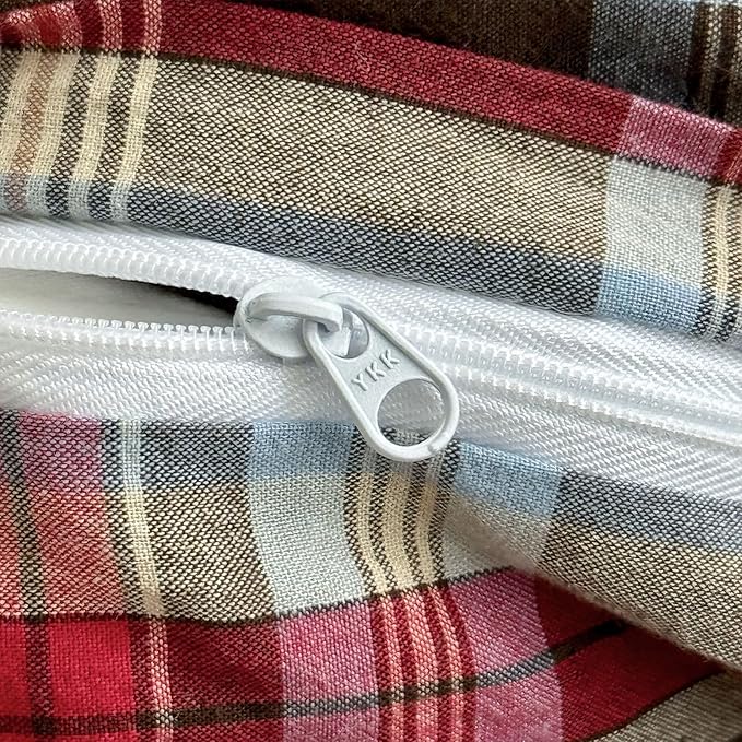Vintage Red Brown Buffalo Plaid Duvet Cover Queen 3 Pieces 100% Washed Cotton Plaid Bedding Set Breathable Soft Grid Checkered Pattern Comforter Cover Farmhouse Gingham Duvet Cover with Zipper Closure