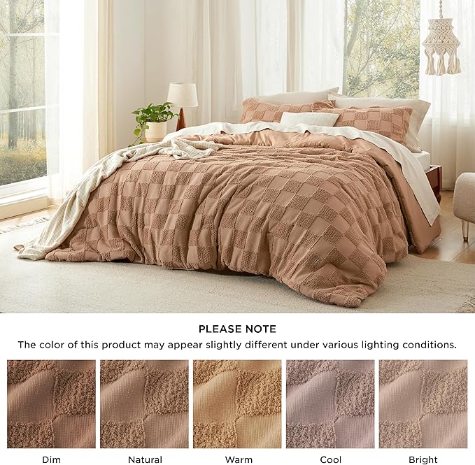 Bedsure California King Size Comforter Set Taupe, Boho Tufted Bed Set, Checkered Farmhouse Shabby Chic Bedding, 3 Pieces, 1 Plaid Geometric Comforter and 2 Pillow Shams