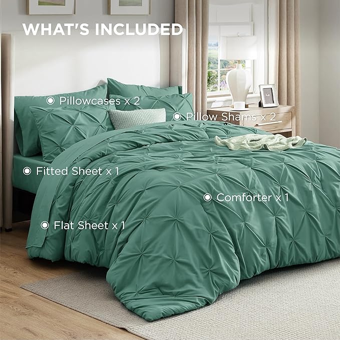 Bedsure California King Comforter Set Graysih Green - Bed in a Bag Cal King Bedding Set 7 Pieces, GentleSoft™ Pintuck Bed Set Gift for Family, Pinch Pleat Comforter with Sheets, Pillowcases & Shams