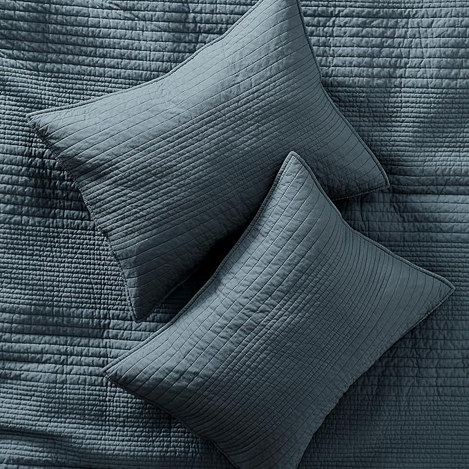 PALASSIO Striped Blue Grey 100% Cotton Quilt California Cal King Size Bedding Sets, Oversized Lightweight Channel Pick Stitch Textured Bedspread Soft Farmhouse Country Coverlet for All Season, 2 Shams