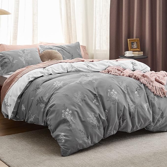 Bedsure Duvet Cover Twin Dorm Bedding - Reversible Floral Duvet Cover Set with Zipper Closure, 2 Pieces Grey Bedding Set with 8 Corner Ties and 1 Pillowcase 20"x26"