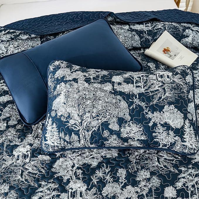 WONGS BEDDING Quilt Set King Size, 3 Pieces Navy Blue Botanical Floral Printed Bedspread Coverlet Set Soft Lightweight Toile Plants Bedding Set for All Season (104"x90")