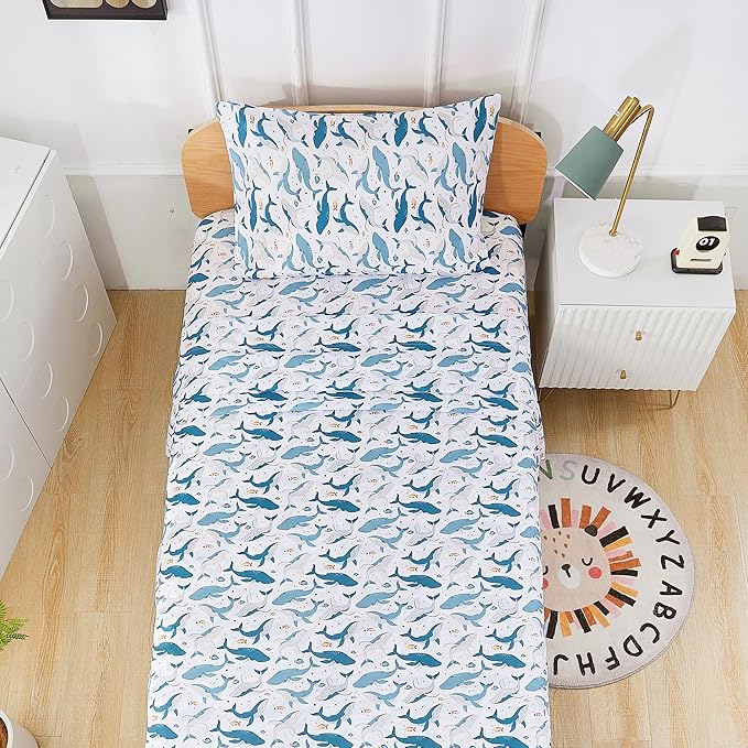 Kids Sheet Set Twin Size, Twin Sheet Set with Marine Whales Pattern,Breathable Silky Soft Microfiber Kids Fitted Sheet
