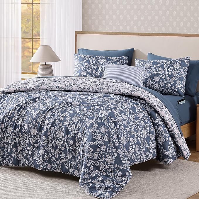 Twin XL Comforter Set -5 Pieces Floral Oxford Blue Bedding Set for All Seasons, Bed in a Bag with Botanical Flowers Comforter, Sheets, Pillowcase & Sham