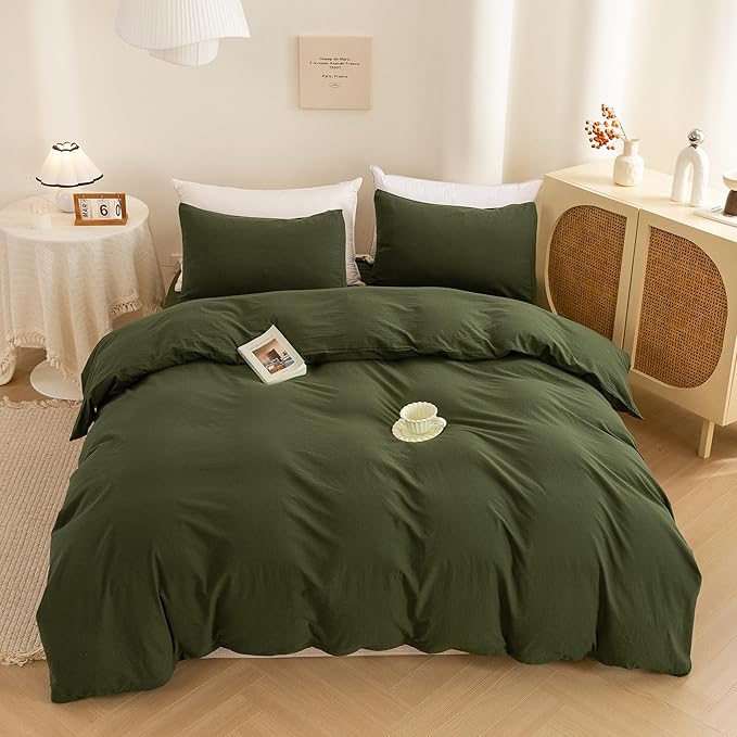 ECOCOTT 3 Pieces Duvet Cover King 100% Washed Cotton 1 Duvet Cover with Zipper and 2 Pillowcases, Ultra Soft and Easy Care Breathable Cozy Simple Style Bedding Set (Avocado Green)