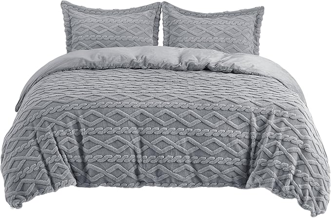 Bedsure Fluffy Flannel Duvet Cover Set - Faux Fur Comforter Cover King Size, Gray Warm Plush Bedding for Winter, 3-Piece Set with Zipper Closure (104"x90") and 2 Pillow Shams