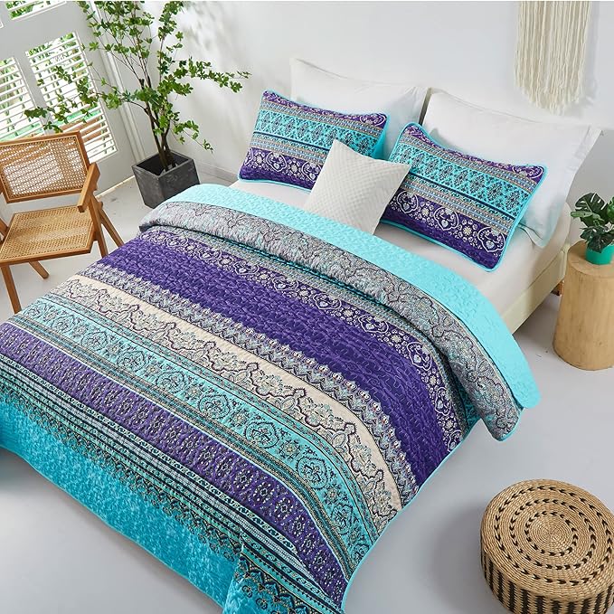 WONGS BEDDING Boho Queen Quilt Set, Blue Purple Bohemian Queen Quilt Bedding Set, Lightweight Microfiber Bed Decor Bedspread for All Season 96"x90"(3 Pieces)