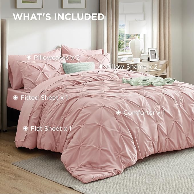 Bedsure Full Comforter Set Pink - Bed in a Bag Full Size Bedding Set 7 Pieces, GentleSoft™ Pintuck Bed Set Gift for Family, Pinch Pleat All Season Comforter with Sheets, Pillowcases & Shams