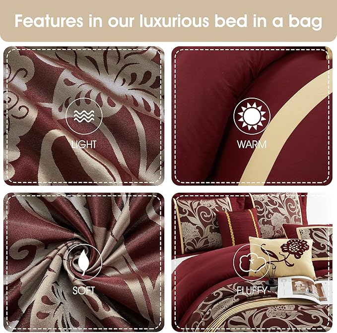 Grand Avenue Black and Red Comforter Set California King Size, 7 Piece Jacquard Floral Bedding Set, All Season, Ultra-Soft, Matching Pillows & Shams, Bed Skirt