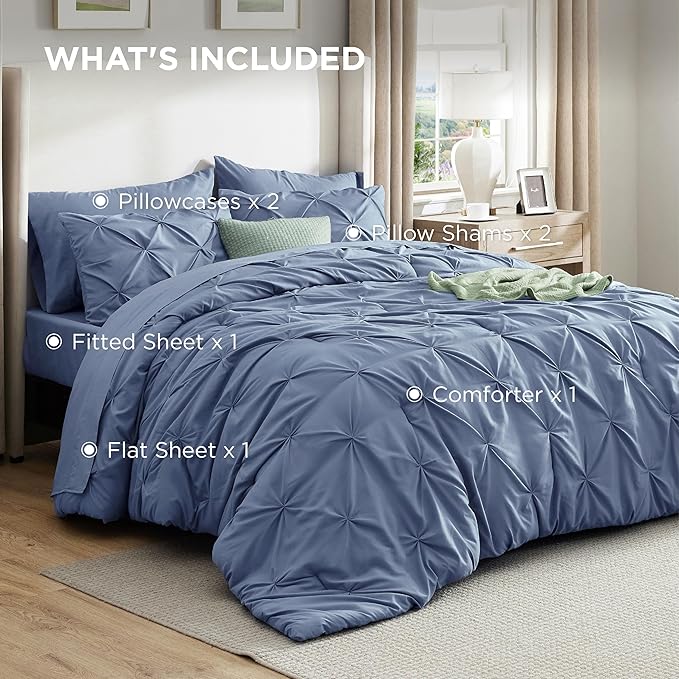 Bedsure California King Comforter Set - Bed in a Bag Cal King Bedding Set 7 PCS, GentleSoft™ Pintuck Bed Set Gift for Family, Pinch Pleat Slate Blue Comforter with Sheets, Pillowcases & Shams