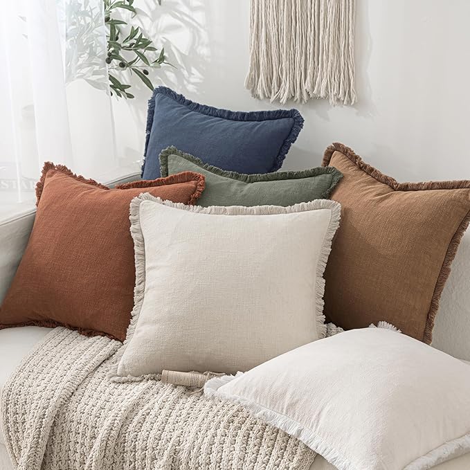 MIULEE Decorative Throw Pillow Covers Neutral Linen Fringe Throw Pillows Set of 2 Brown Boho Farmhouse Cushion Covers with Tassels for Couch Sofa Bed Living Room Spring Home Decor 16x16 Inch