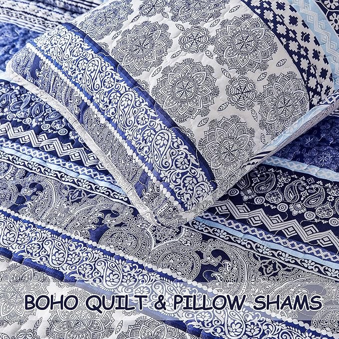 WONGS BEDDING Boho Quilt Set Full Size, Blue Bohemian 3 Pieces Quilt Sets, Lightweight Bedspread Coverlet Bedding Set for All Season (78"x90")