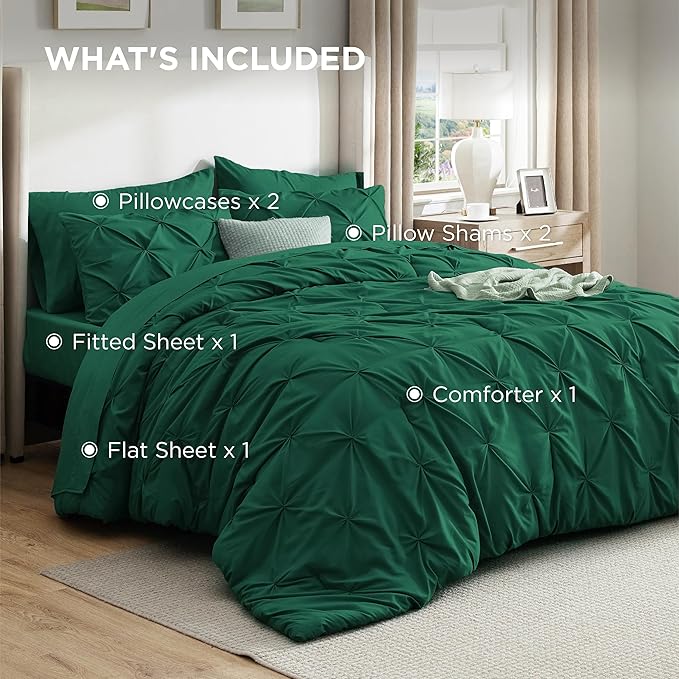Bedsure Queen Comforter Set Dark Green - Bed in a Bag Queen Size Bedding 7 Pieces, GentleSoft™ Pintuck Bed Set Gift for Family, Pinch Pleat All Season Comforter with Sheets, Pillowcases & Shams