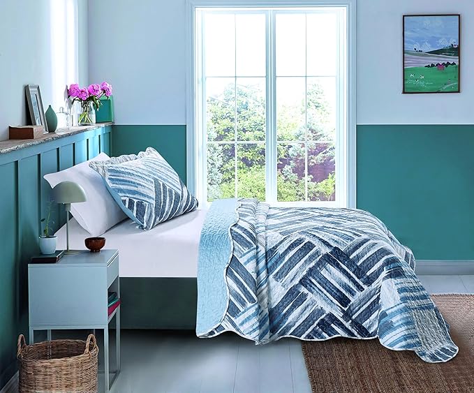 Brilliant Sunshine Blue and Grey Stripe Blocks Patchwork, 2-Piece Quilt Set with 1 Sham, Reversible Bedspread, Soft Lightweight Coverlet, All-Season, Twin, Blue Grey