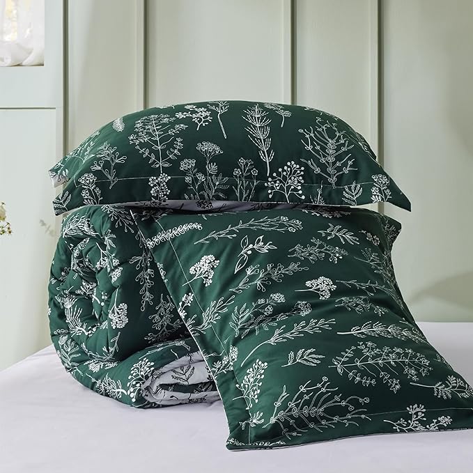 Bedsure Queen Comforter Set - Emerald Bed Set, 3 Pieces Cute Floral Bedding, 1 Soft Reversible Botanical Flowers Comforter and 2 Pillow Shams