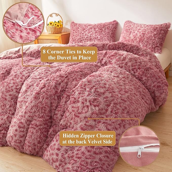 XeGe Cheetah Print Fluffy Faux Fur Duvet Cover Set, 3 Pieces Soft Plush Shaggy Fuzzy Bedding Set(1 Faux Fur Leopard Print Comforter Cover + 2 Furry Pillowcases), Zipper Closure(Queen, Pink)