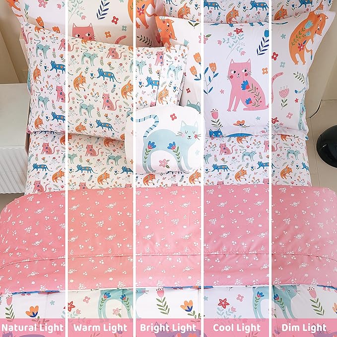 Mooreeke Kids Twin Comforter Sets for Girls 6 Pieces Cute Cat Flower Bedding Set for Teens Microfiber Floral Kids Bed in A Bag with Comforter, Sheet Set, Shams and Decorative Toy Pillow All Season