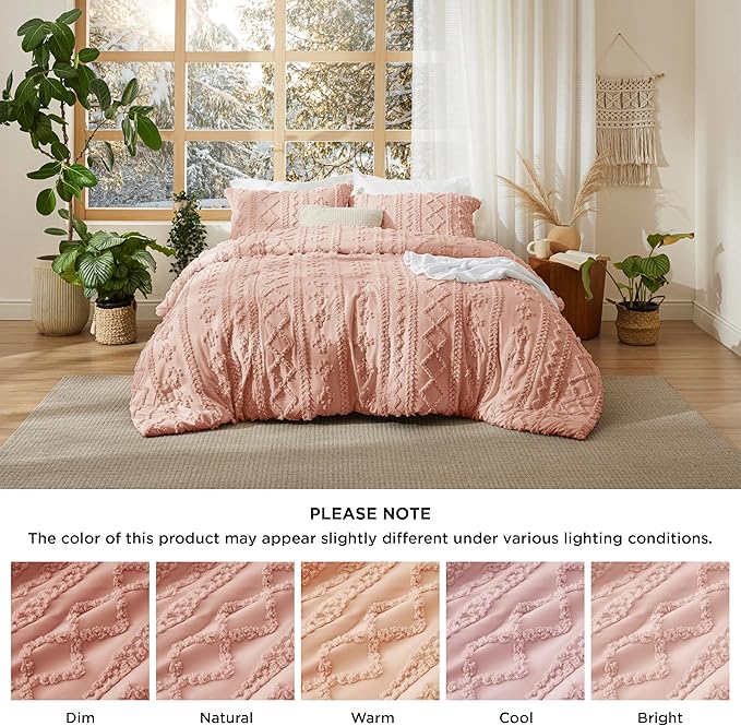 Bedsure Tufted Boho Comforter Set Queen Size - Light Pink Boho Bed Set, GentleSoft™ 3 Pieces Farmhouse Shabby Chic Embroidery Bedding, Gifts for Woman, Soft Jacquard Queen Comforter for All Seasons