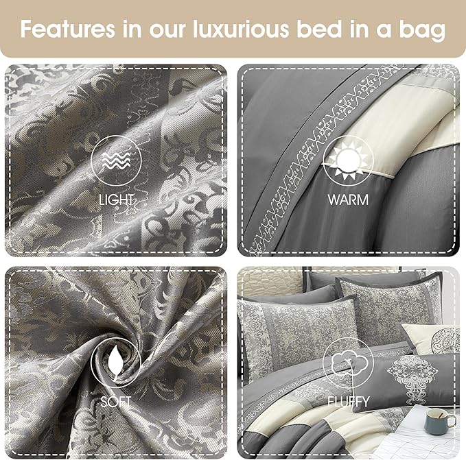 Grand Avenue Silver & Ivory Comforter Set Queen Size, Classic Jacquard Bedding Sets, Faux Silk, Premium Microfiber, 12 Pieces Bed in a Bag, Matching Fitted Sheet, Flat Sheet
