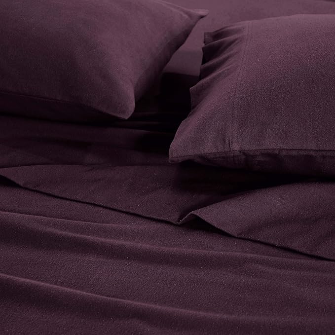 Superior Paisley or Solid Flannel Cotton Sheet Set, Fuzzy Warm Sheets, Traditional Bohemian Bedding, Includes 1 Flat Sheet, 1 Elastic Deep Pocket Fitted Sheet, 2 Pillowcases, King, Purple