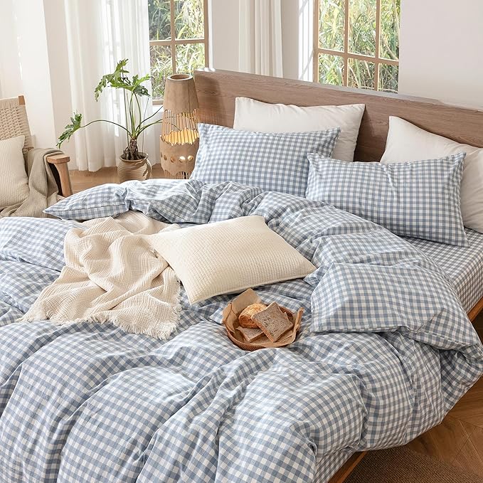 MooMee Gingham Duvet Cover Set 100% Washed Cotton Linen Like Textured Breathable Durable Soft Comfy Modern Checkered Design (Classic Gingham Cornflower Blue, Super Queen 90"x98")