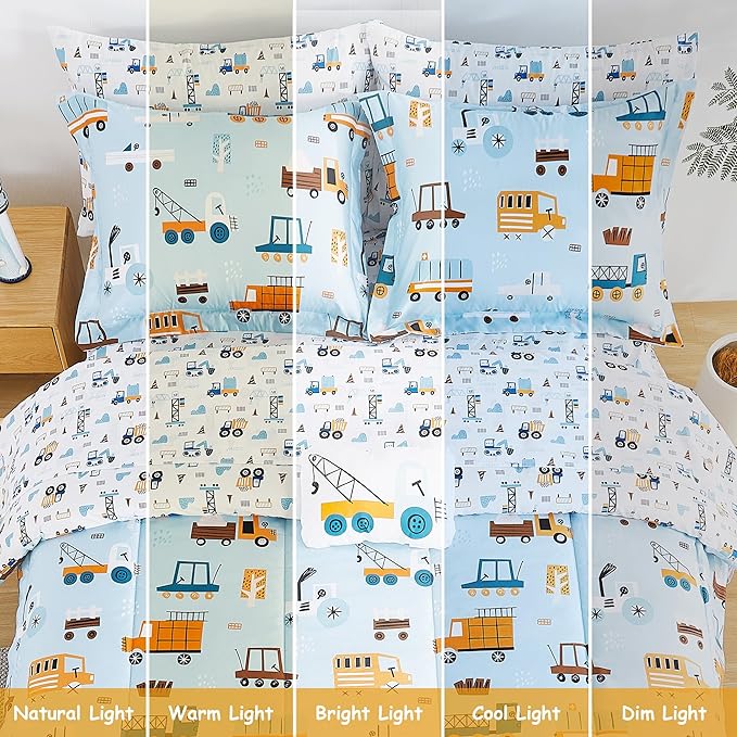 Mooreeke Kids Twin Comforter Sets for Boys 6 Pieces Light Blue Bedding Set for Teens Microfiber Car Truck Kids Bed in A Bag with Comforter, Sheet Set, Shams and Decorative Toy Pillow All Season