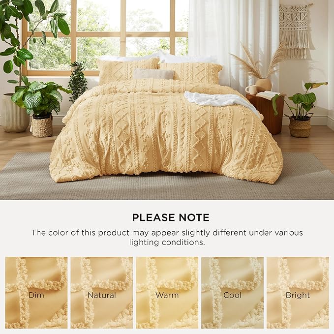 Bedsure Tufted Boho Comforter Set King Size - Yellow Boho Bed Set, GentleSoft™ 3 Pieces Farmhouse Shabby Chic Embroidery Bedding, Gifts for Woman, Soft Jacquard King Comforter for All Seasons