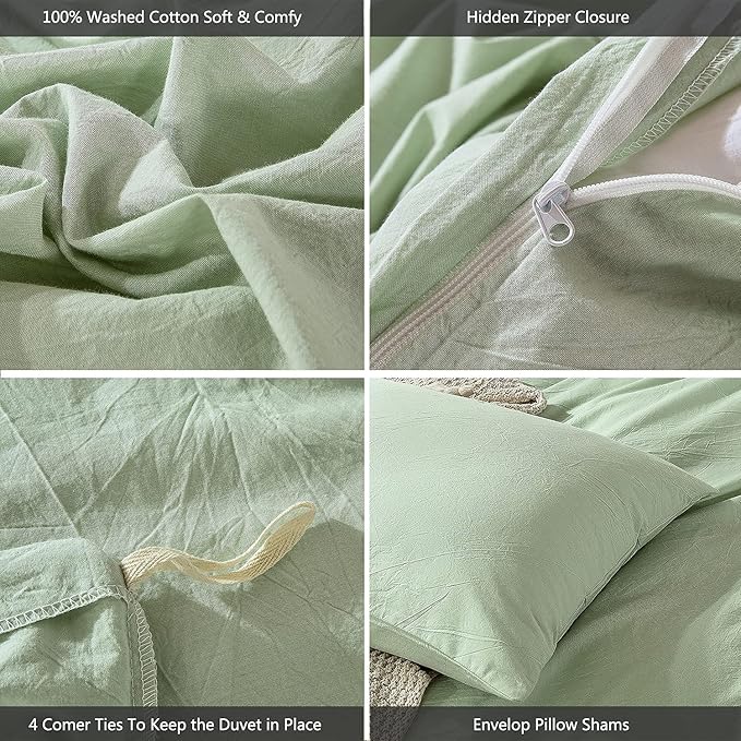 MooMee Bedding Duvet Cover Set 100% Washed Cotton Linen Like Textured Breathable Durable Soft Comfy (Heathered Seaglass Green, King 104"x90")
