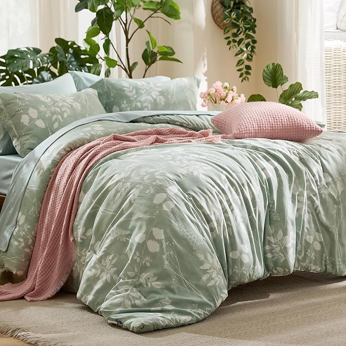 Bedsure King Size Comforter Set - 7 Pieces Floral Sage Green GentleSoft™ Bedding Sets, King Bed in a Bag with Botanical Flowers Winter Comforter, Sheets, Pillowcases & Shams