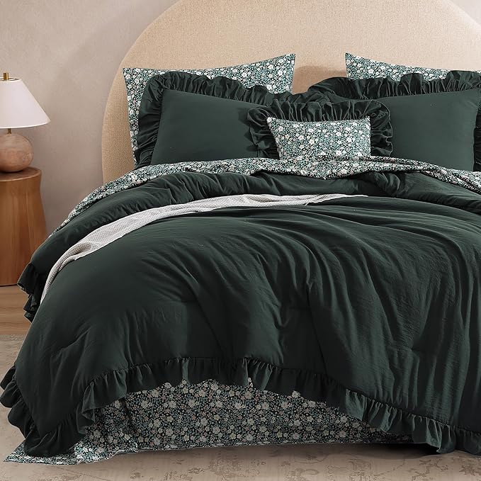 Twin XL Comforter Set - 5 Pieces Ruffle Forest Green Floral Bedding Sets, Shabby Chic Farmhouse Bed in a Bag with Ruffle Comforter, Floral Sheets, Pillowcase & Sham