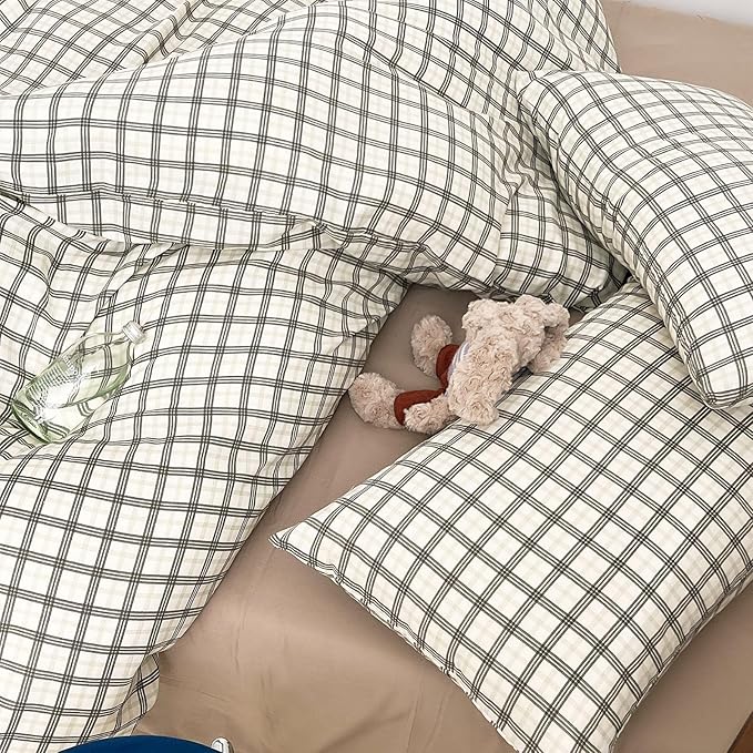 VM VOUGEMARKET Soft Muslin Cotton Duvet Cover Set King Grey White Plaid Checkered Bedding Set Linen Cotton Textured Breathable Comfy Duvet Cover with Zipper Closure