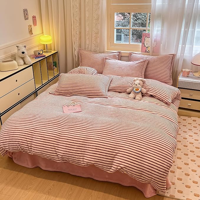 MorroMorn Pink Duvet Cover Queen, Pink Bedding Sets, Fluffy Comforter Covers Set, Down Alternative Blanket Ultra Soft Kawaii Cute for Girls Kids Teen Women Full Double Size