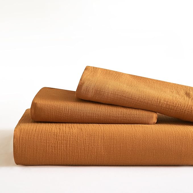 SE SOFTEXLY Muslin Duvet Cover Queen Size, 100% Washed Cotton Duvet Cover Set, Ultra Soft Comforter Cover Linen Like, 3 Pieces Minimalist Gauze Duvet Cover with 2 Pillowcases, 90"x90", Pumpkin