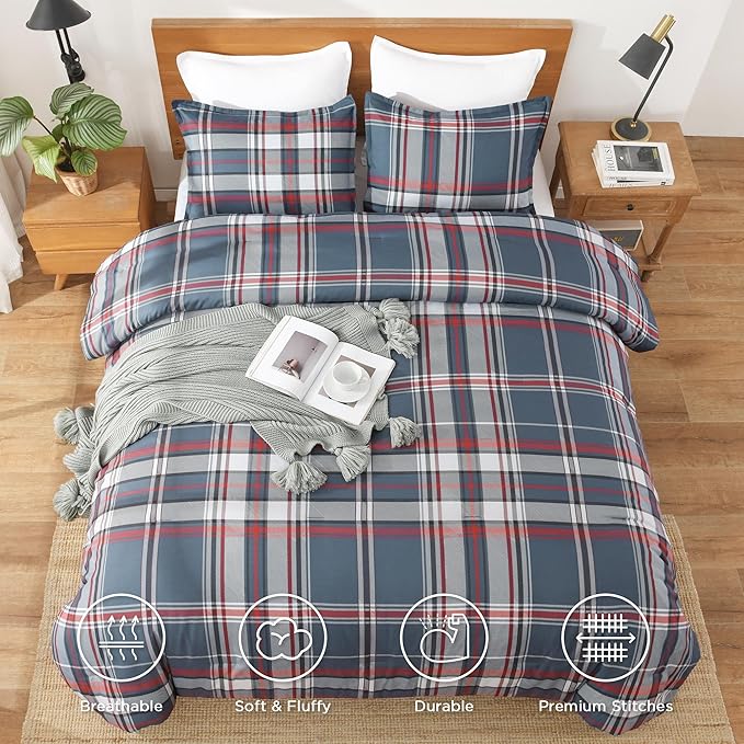Andency Navy Red Plaid Comforter Set Twin(66x90 Inch), 2 Pieces Grid Gingham Stripes Bedding Comforter Sets for Boys Girls Kids Teens, Preppy Geometric Line Soft Lightweight Reversible Bed Set as Gift