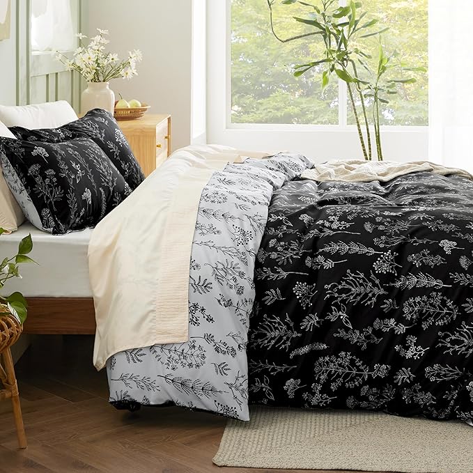 Bedsure Duvet Cover King Size - Reversible Black King Duvet Cover Set with Zipper Closure, 3 Pieces Floral Patterned Bedding Set with 8 Corner Ties and 2 Pillow Shams