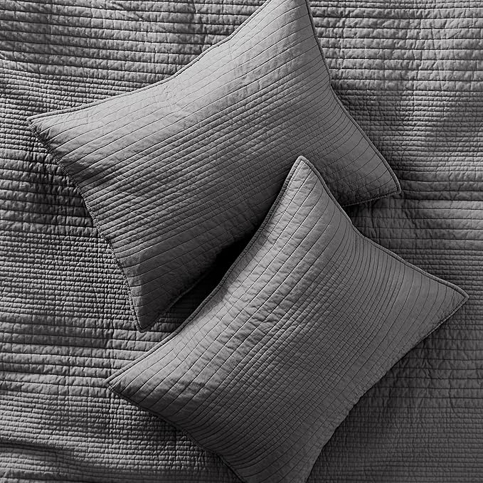 PALASSIO Striped Dark Grey 100% Cotton Quilt California Cal King Size Bedding Sets, Oversized Lightweight Channel Pick Stitch Textured Bedspread Soft Farmhouse Country Coverlet for All Season, 2 Shams