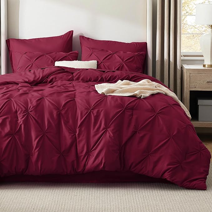 Bedsure King Size Comforter Set Dark Red - Bed in a Bag Bedding Set 7 Pieces, GentleSoft™ Pintuck Bed Set Gift for Family, Pinch Pleat Dark Red Comforter with Sheets, Pillowcases & Shams