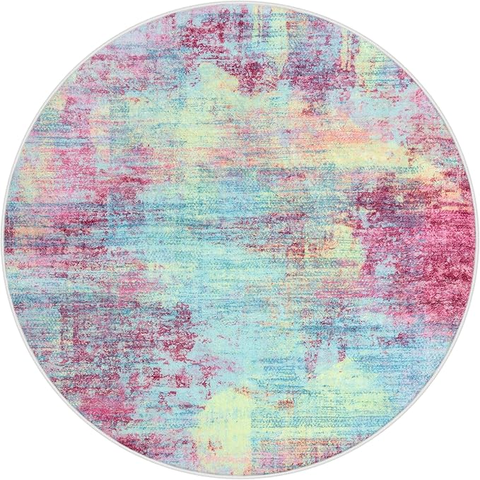 IOHOUZE Round Area Rug 3 Ft Circle Entryway Rugs Round Washable Door Mat Indoor Entrance, Non Slip Circle Front Door Rug, Printed Abstract Faux Wool Floor Carpet for Foyer Porch Sink, Pink Teal