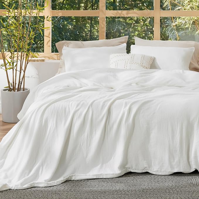 Bedsure Muslin Duvet Cover Queen Size - Cotton Blend Rayon Derived from Bamboo, Cooling Duvet Covet for Hot Sleepers - Ultra-Soft & Breathable Bedding Set for All Seasons(White, 90"x90")
