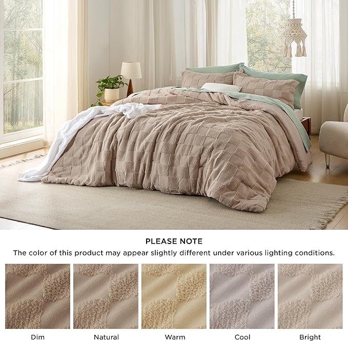 Bedsure King Size Comforter Set Khaki, Boho Tufted Bed Set, Checkered Farmhouse Shabby Chic Bedding, 3 Pieces, 1 Plaid Geometric Comforter and 2 Pillow Shams