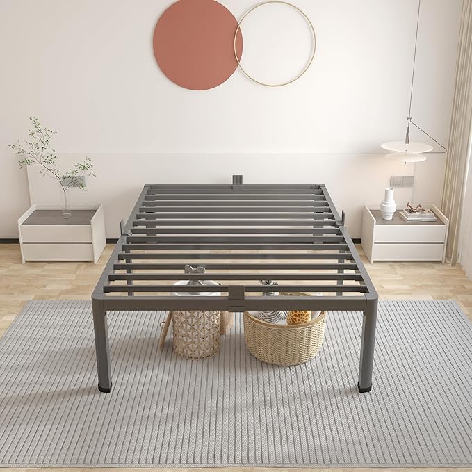 ROIL 12 inch Twin Bed Frames with Headboard Hole and Round Corner Legs Mattress Retainers 3500LBS Heavy Duty Steel Slats No Box Spring Needed Platform Noise-Free Easy Assembly