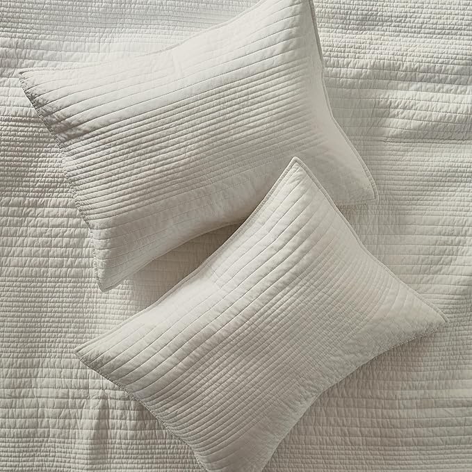 palassio Striped Beige 100% Cotton Quilt California Cal King Size Bedding Sets, Oversized Lightweight Channel Pick Stitch Textured Bedspread Soft Farmhouse Country Coverlet for All Season, 2 Shams
