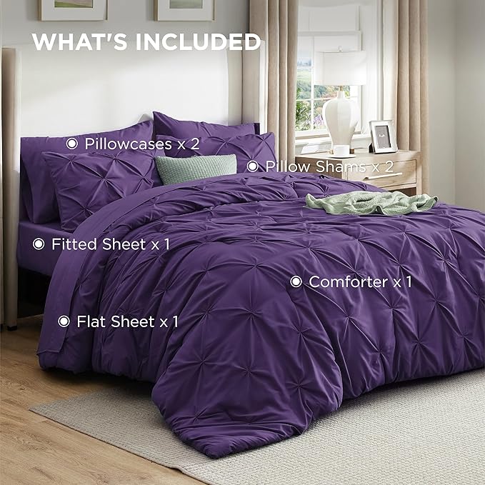 Bedsure California King Comforter Set Purple - Bed in a Bag Cal King Bedding Set 7 Pieces, GentleSoft™ Pintuck Bed Set Gift for Family, Pinch Pleat Purple Comforter with Sheets, Pillowcases & Shams