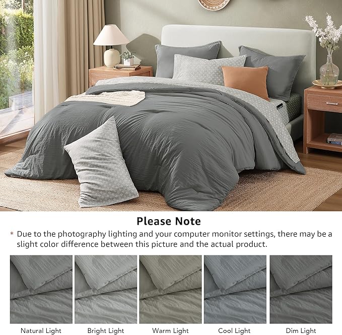Monbix King Size Comforter Set - 7 Pieces Granite Grey Prewashed Bed in a Bag King Bedding Sets with Comforters, All Seasons Ultra Soft Comforter Bed Set with Sheets,Pillowcases & Shams